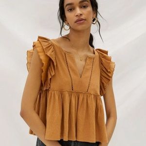 Anthropologie Caroline Ruffle Babydoll Top Cedar Mustard Yellow XS